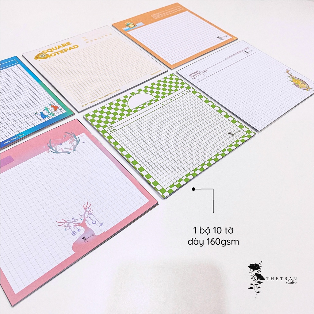 Bộ 10 tờ giấy ghi chép kẻ caro khổ vuông nhiều kiểu dễ thương / square notepad / thetranstudio