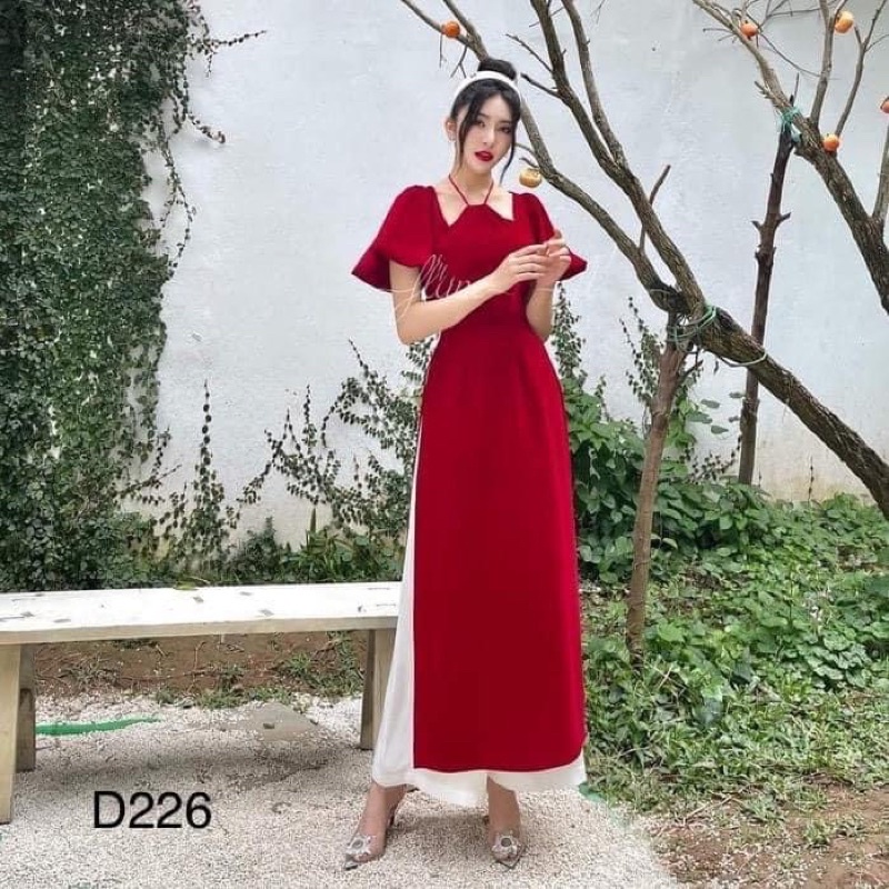 Áo dài cách tân dây đan cổ đỏ nhung