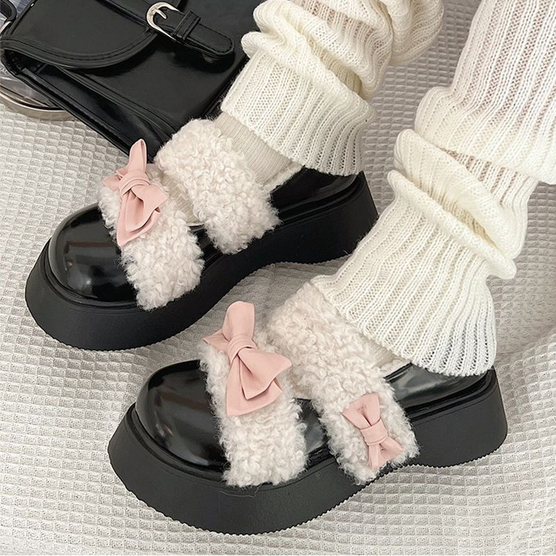 Giày Lười Da Lót Lông Dày Dặn Đính Nơ Thời Trang Thu Đông Cho Nữ