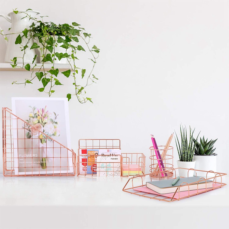 Kệ Sách Để Bàn Ba Tầng Bằng Kim Loại Màu Vàng Hồng Giá Đỡ