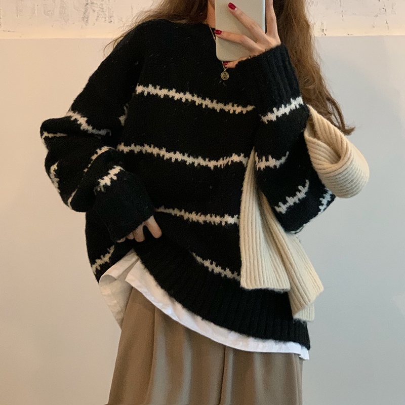 ZHELIHANGFEI Áo Sweater Tay Dài Cổ Tròn Dáng Rộng Kẻ Sọc Kiểu Retro Hàn Quốc