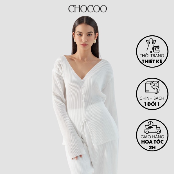 Áo tay dài CHOCOO Maya Top màu xếp ly cổ chữ v chất liệu cao cấp