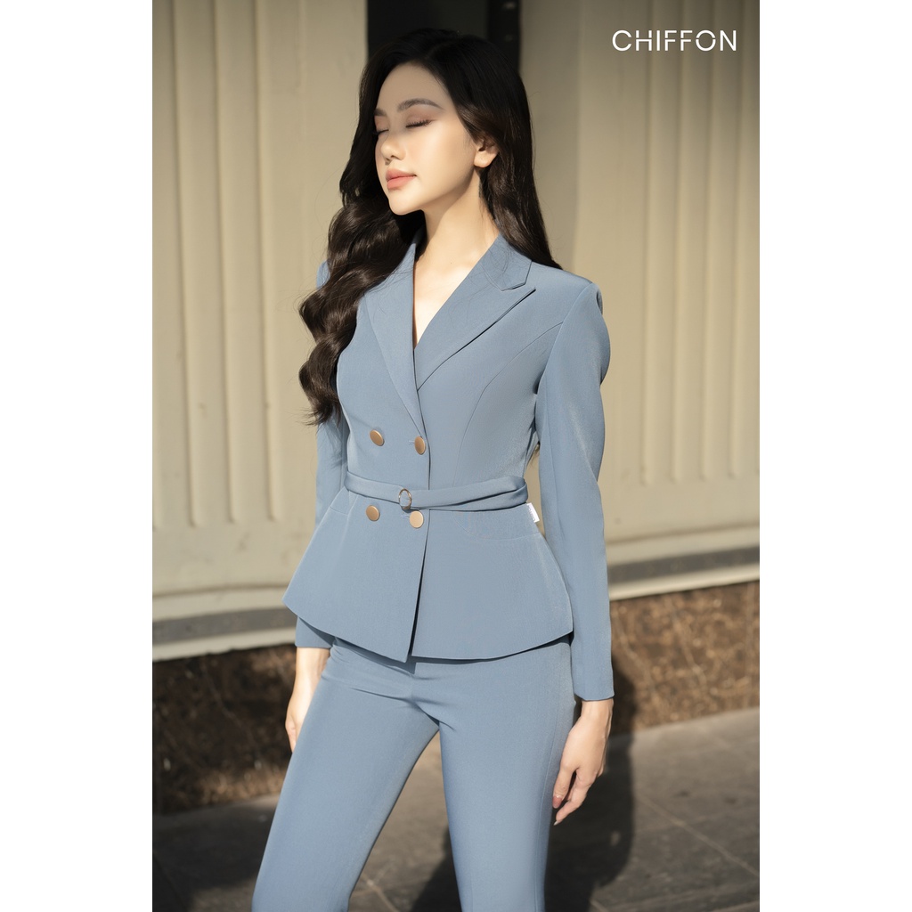 Áo vest nữ cổ ve nhọn 4 cúc kèm đai thiết kế Chiffon (chưa kèm quần)