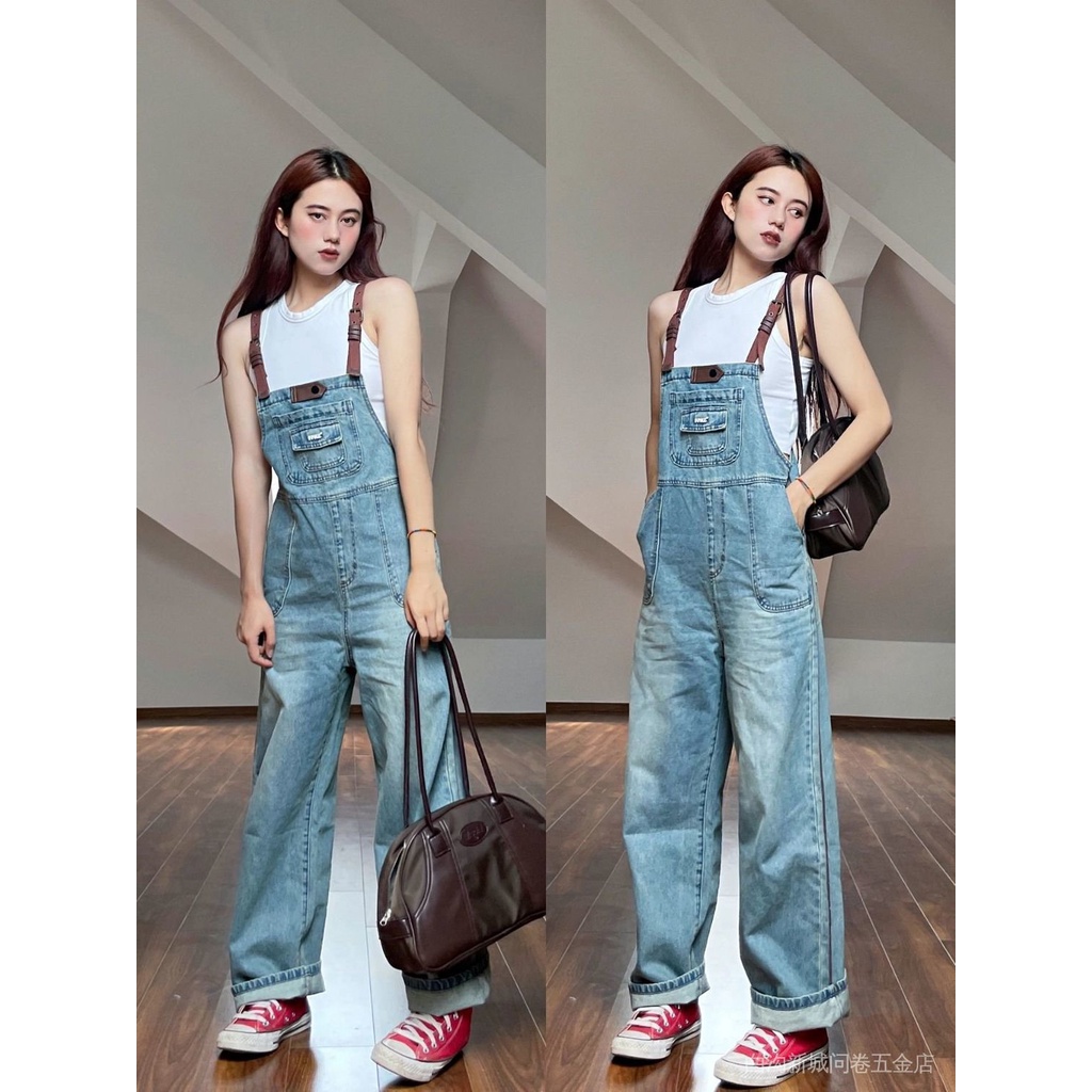 Bộ Áo Liền Quần Denim Dáng Rộng Cài Khóa Da Màu Nâu Phong Cách Cổ Điển Thời Trang Chống Tuổi Teen