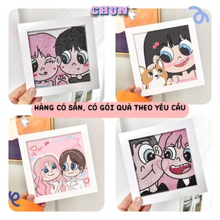 Tranh đính đá 5D hình cặp đôi dễ thương tự làm thủ công đi kèm khung gỗ tranh trí