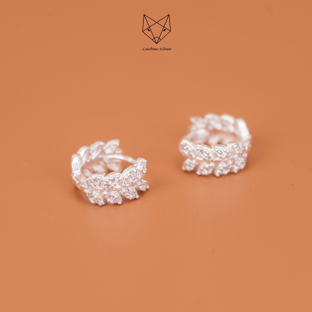 Khuyên Tai Bạc Ta Nữ CaoBac Silver Hình Lá Đính Đá Thiết Kế Kiểu Dáng Tròn Xinh Xắn Thanh Lich Dành Tặng Cho Bạn Nữ