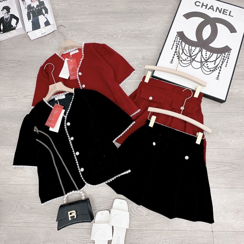 [ 𝐅𝐑𝐄𝐄 𝐒𝐇𝐈𝐏 ] Set nhung viền ren mix cv xếp ly cúc ngọc siêu xinh Vải nhung cứng QC cao cấp, viền ren sịn sò Cv xếp ly