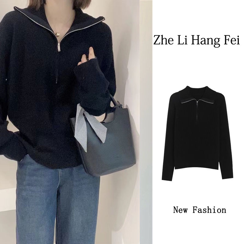 Áo dệt kim ZHELIHANGFEI tay dài dáng rộng phối khóa kéo phong cách Hàn Quốc dễ phối đồ