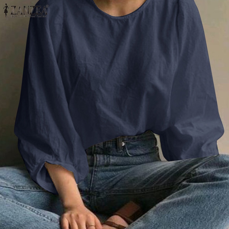 Áo kiểu ZANZEA tay 3/ 4 chất liệu cotton cổ tròn thời trang Hàn Quốc dành cho nữ