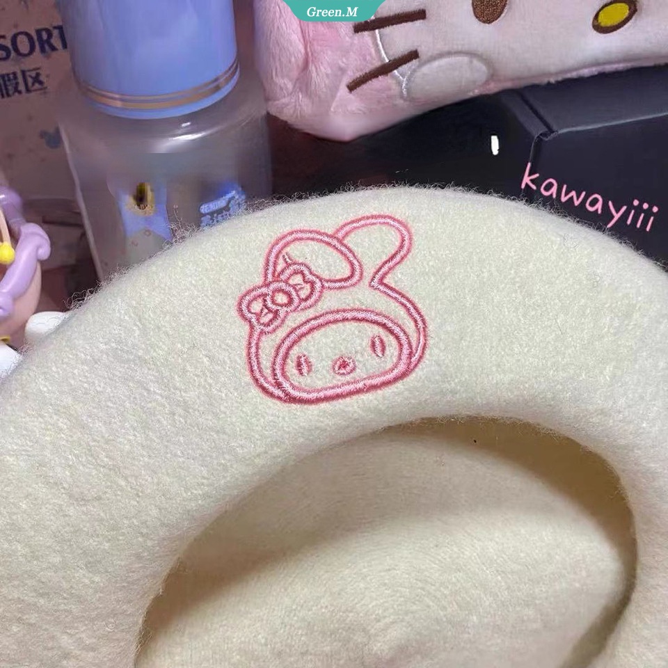 SANRIO Mũ Beret Dệt Kim Phối Lông Hình Hello Kitty Đáng Yêu Thời Trang Thu Đông Cho Nữ