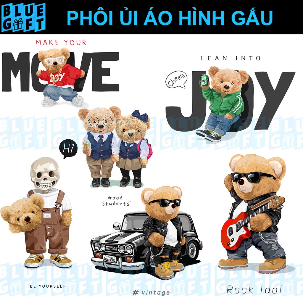 (Hình Ủi Nhiệt Quần Áo - Miếng Dán Ủi Quần Áo) Có In Theo Yêu Cầu, Hình Ủi Gấu G21 - Blue Gift