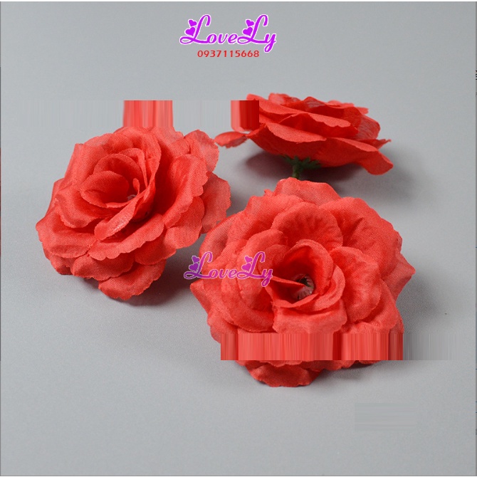 Hoa giả- Combo 10 đầu bông hoa hồng 8cm nở tròn đẹp vải lụa cao cấp
