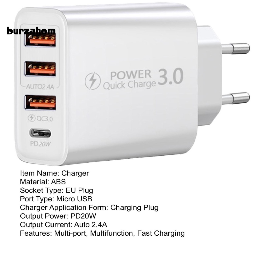 Bộ Chia 3 Cổng Sạc USB Và Type-C Phích Cắm EU Đa Năng Cho Điện Thoại