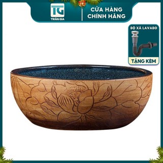 Lavabo Chậu rửa mặt sứ họa tiết giả gỗ điêu khắc phong cách cổ điển men nano cao cấp Bảo hành 2 năm