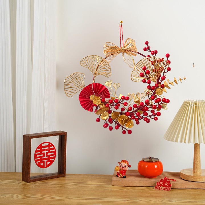 Vòng hoa đào đông đỏ trang trí Tết Tặng kèm đèn led đom đóm - Vòng hoa Tết treo tường đón tài lộc may mắn