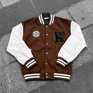   XẢ KHO  Áo khoác varsity bomber jacket nam nữ FOMAX chữ K thêu xù thân dạ tay da unisex Local Brand 