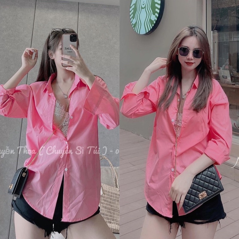 Áo Sơ mi Tay Dài Trơn Màu Hồng Ngọt Nước Chất Thô Đũi Quảng Châu