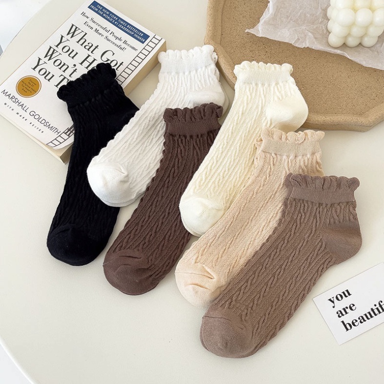 Set 5 đôi Tất Vớ Ren Trơn🍀FREESHIP🍀tất/vớ Viền Bèo Cổ Ngắn chất cotton len co giãn style Hàn Quốc