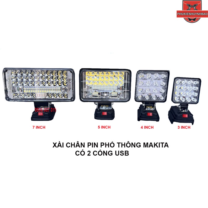 Đèn Pha Led 2 Cổng USB Xài Chân Pin Phổ Thông Makita Công Trình Phòng Làm Việc Lúc Cúp Điện