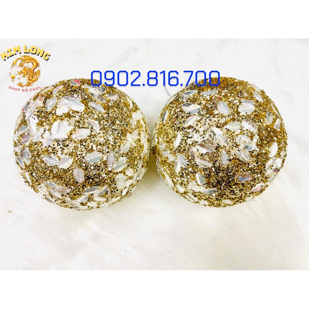 Set 2 trái châu đính kim tuyến và hạt cườm kim sa 10cm màu vàng phụ kiện trang trí cây thông noel ngày lễ Giáng sinh