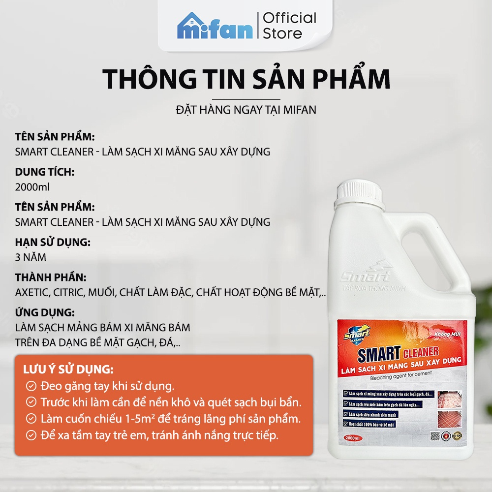 Nước Tẩy Xi Măng, Rêu Mốc SMART 2000 ml - Làm Sạch Mảng Bám Trên Gạch, Đá, Sàn Nhà, Tường - An toàn không hại bề mặt