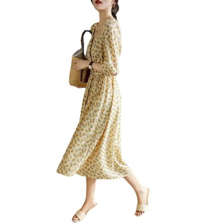Đầm Cotton Màu Trơn Đa Năng Thời Trang Cho Nữ462257Ag Áo Kiểu Tay Phồng Cổ Vuông Màu Vàng Nhạt Phong Cách Công Chúa FF