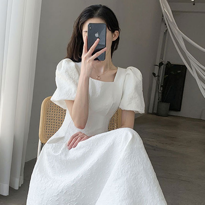 H.A.N STORE Váy đầm dự tiệc trắng đen hai lớp dày dặn cổ vuông tay ngắn chất đẹp cực sang phong cách Hàn Quốc