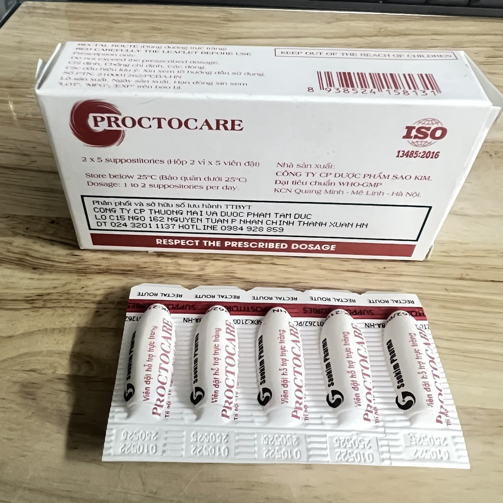 Viên đặt trĩ (trĩ nội, trĩ ngoại), nứt kẽ hậu môn Proctocare (Hộp 10 viên)