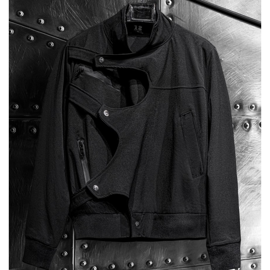 Áo khoác bomber nam 12.DESTINY chi tiết dây nối 3 cúc bấm form crop chất liệu gió sần nhập khẩu màu đen