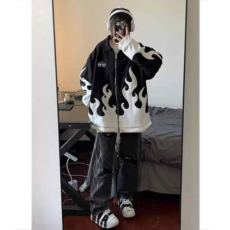 Áo khoác bomber varsity họa tiết lửa