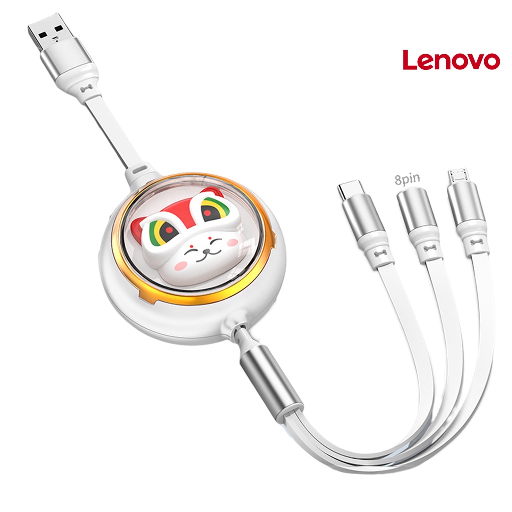 Dây cáp sạc truyền dữ liệu LENOVO KC-5A 3 trong 1 chống rối 8 chấu Type C Micro USB họa tiết mèo may mắn cho điện thoại