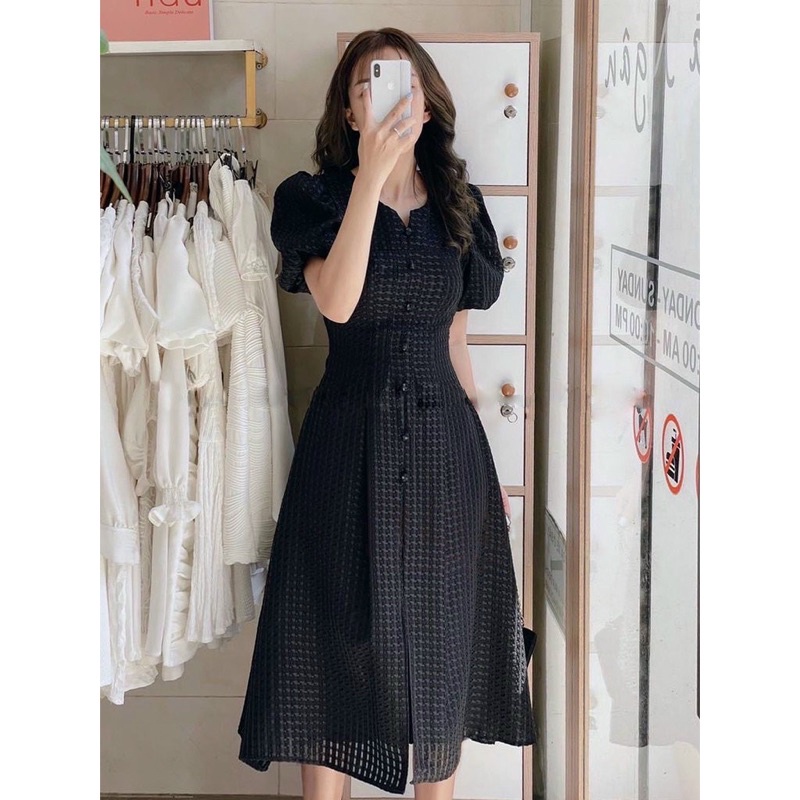 Đầm nhún xốp cổ tròn chất vải ô vuông 2 lớp Tara
