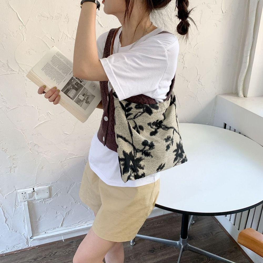 FALLFORBEAUTY Túi Xách Vải Jacquard Trắng Đen In Họa Tiết Phong Cách Trung Hoa