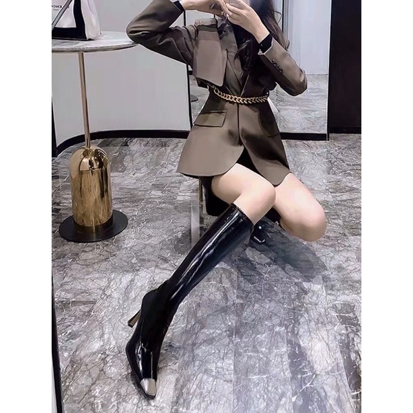 Boots da mũi phối kim loại gót cao 9cm