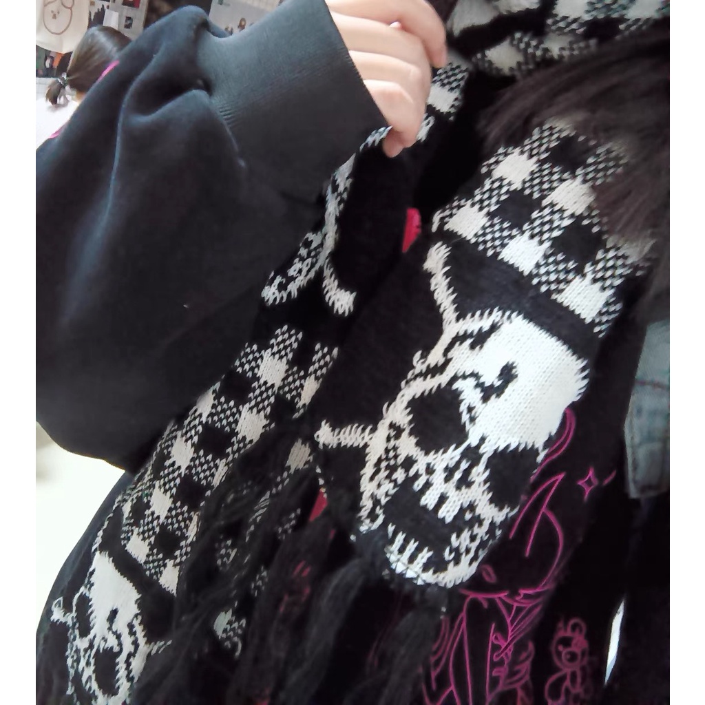 Punk wind y2k Khăn Choàng Cổ Dệt Kim Hình Đầu Lâu Gia Vị Cô Gái Ban Đêm Chính Hãng