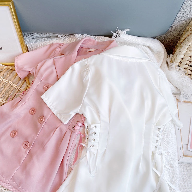 Babyfair Đầm Trẻ Em Tay Ngắn Bé Gái Nút Trước Dây Rút Eo Thon Gọn