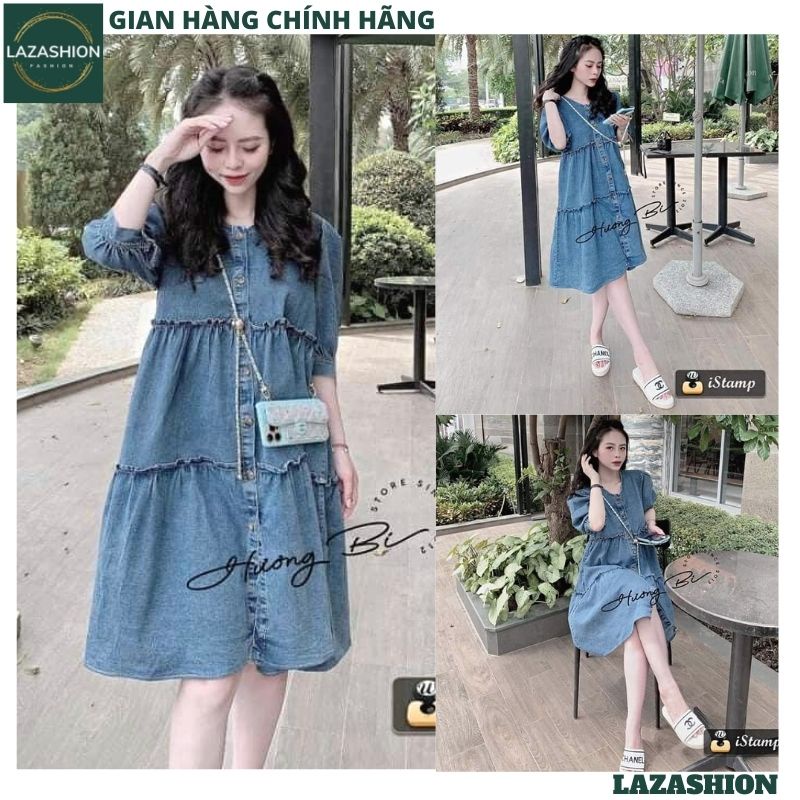 Váy bò babydoll cổ v kiểu dáng hàn quốc xòe bồng siêu xinh dễ thương kute, Đầm jeans bèo dáng xuông tay khuy - LAZASHION