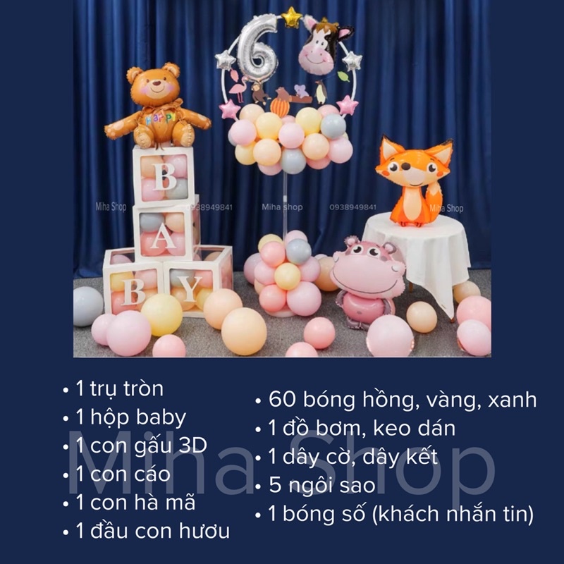 Set Bóng Trang Trí Sinh Nhật Tại Lớp Học Cho Bé (đầy đủ bơm, keo, trụ tròn, hộp baby)