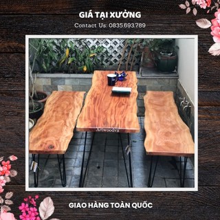 BỘ BÀN ARTWOODVN (SET 1 BÀN 2 GHẾ) GỖ XÀ CỪ NGUYÊN TẤM, CHÂN SẮT HAIRPIN