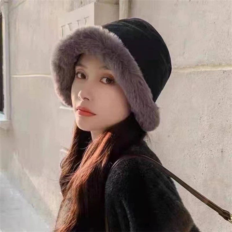 Mũ Bucket Lông Giả Vành Rộng Giữ Ấm Mùa Đông