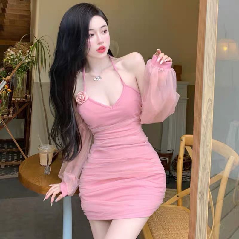 Váy Ngắn Xếp Ly Ôm Eo Tay Phồng Phối Lưới Hoa Trà Màu Trơn Phong Cách Mới Mùa Hè220526