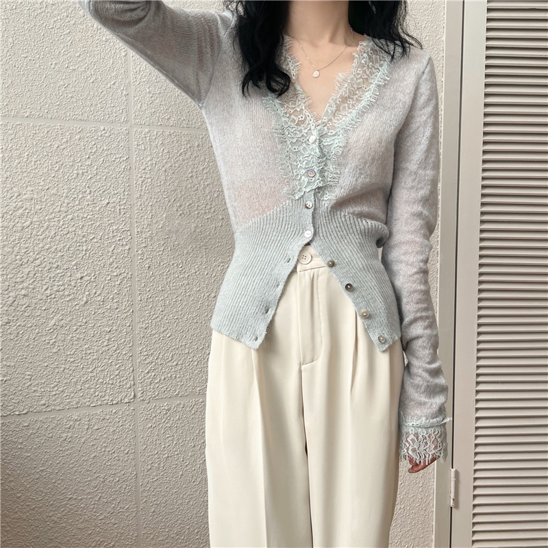 IELGY IELGY Áo Dệt Kim Mỏng Dáng Ôm Cổ Chữ v Thanh Lịch Cho Nữ