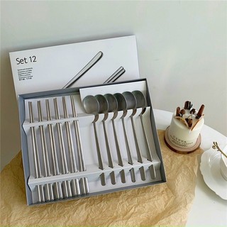 Set 12 bộ đũa, thìa muỗng inox 304 kháng khuẩn chống trơn cao cấp, bộ đồ dùng bàn ăn kèm hộp sang trọng