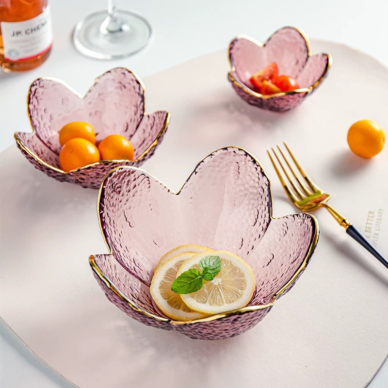 Bát thủy tinh hoa năm cánh nhiều size, decor, đĩa bày hoa quả, salad