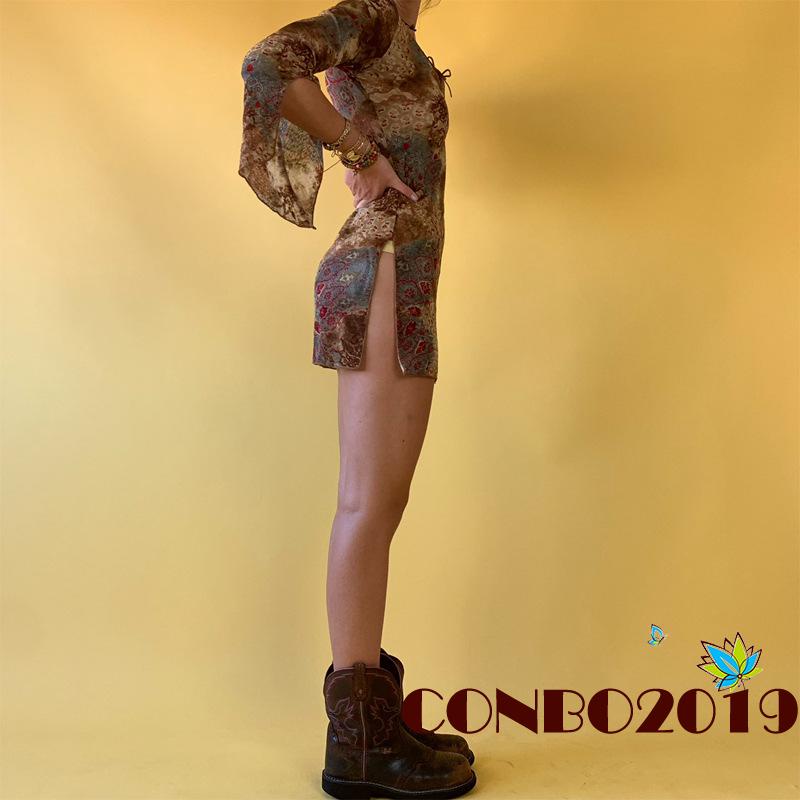 Đầm Cổ Chữ V Tay Loe Dài HGM-Y2k Phong Cách Vintage Dành Cho Nữ