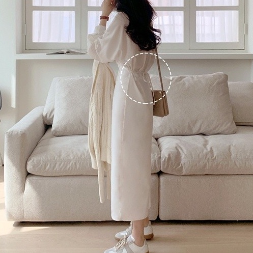 Đầm midi SUXI chữ A tay dài màu trơn ôm eo phong cách Hàn Quốc sành điệu