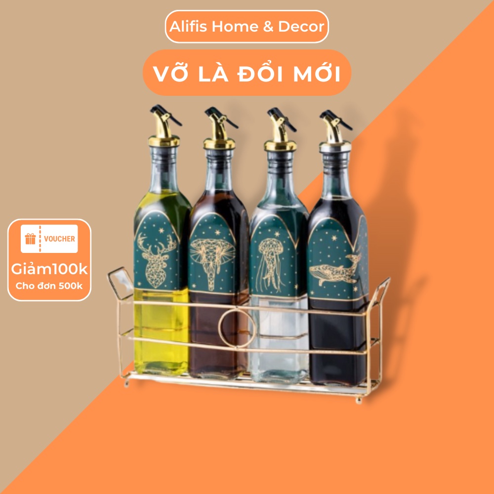 Chai đựng dầu ăn, set 4 chai thuỷ tinh đựng nước mắm, nước sốt kèm khay mạ vàng sang trọng- thuỷ tinh Borosilicate