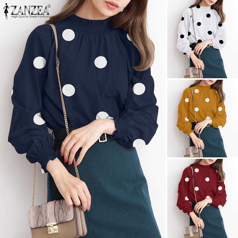 Áo nữ ZANZEA tay dài cổ lọ họa tiết chấm bi thời trang