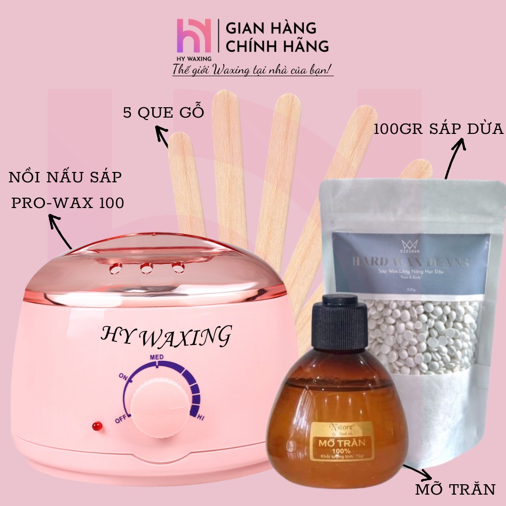 [CHE TÊN] Combo Nồi Nấu Sáp ProWax100+ 100gr Sáp Dừa Premium+ 75gr Mỡ Trăn Tặng Kèm Que Hy Waxing