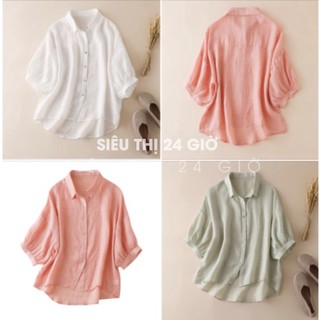 Áo sơ mi đũi nữ tay lỡ cổ đức Siêu thị 24 giờ chất liệu đũi tơ mềm mát form rộng dáng cánh dơi trẻ trung SMH.38